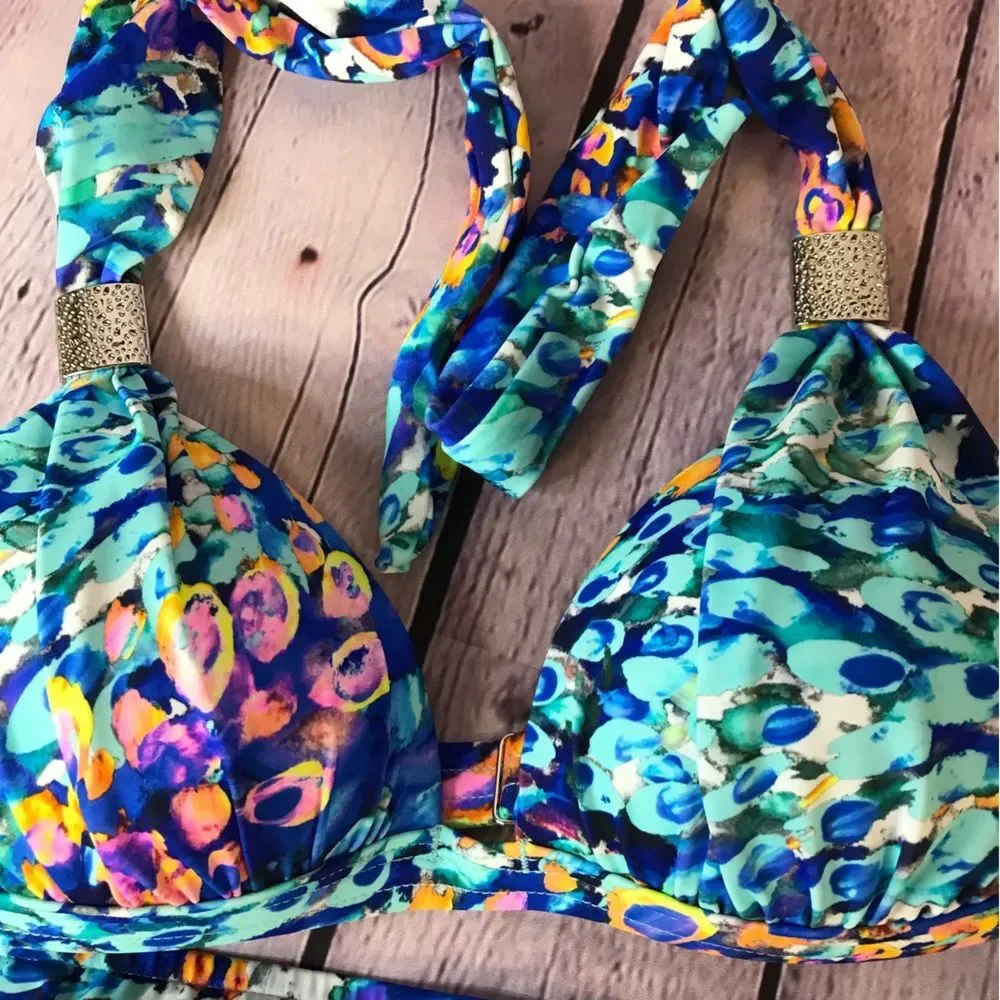 NWOT Turquoise Pink Venus Goddess Bikini Halter Top (32A) String Bottoms (12)